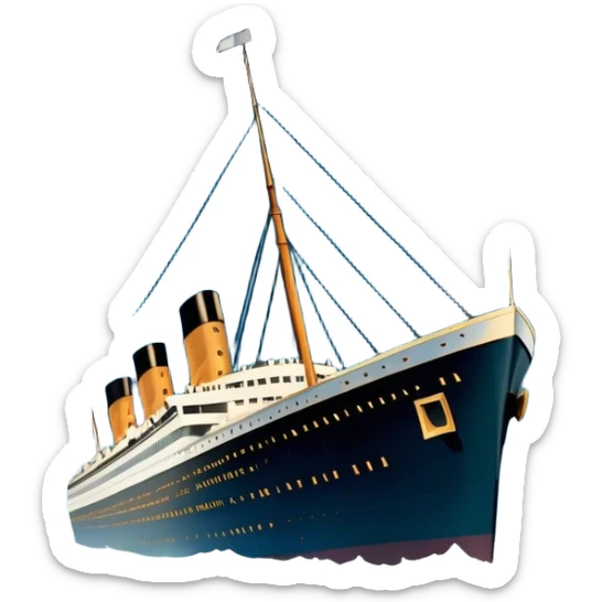 Icon for Titanic Movie: A vintage movie poster-style design featuring a dramatic scene of the ship, the iceberg, and a romantic silhouette of the main couple. Include elements like the ship’s bow, water splashes, and a starry sky in the background. Retro cinematic feel. Transparent background. sticker