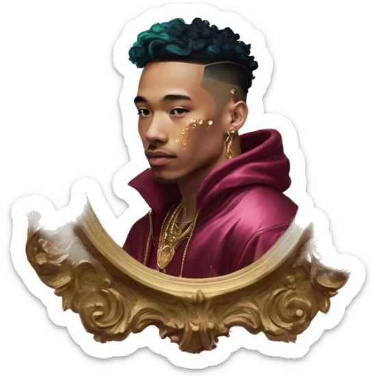 Vintage painting swirls gold jewellery baroque raven wings angel tropical Deep pink maroon burgundy cyan dark hoodie man vitiligo dyed hair gold piercings nose piercing ear piercings sticker