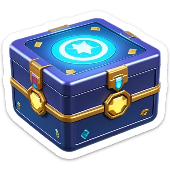 Clash of Clans aesthetic: Cinematic Playful Sci-fi Loot Crate Emoji, rendered in a 3D vector-style similar to standard emojis with minimal shading and bold, simplified shapes. A compact, futuristic storage box with sleek metallic panels and digital accents, softly glowing with a cosmic treasure charm. Simplified yet unmistakably iconic, highly detailed and consistent, glowing with a soft radiant shine and high gloss. Stylized with a touch of intergalactic mystery and a soft glowing outline, capturing the essence of a futuristic reward chest with a friendly, playful allure! sticker