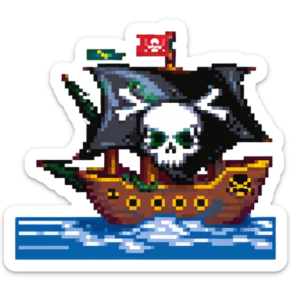 A pirate ship sailing on the open sea, with a skull and crossbones flag flying high, and pirates wearing bandanas and eye patches sticker