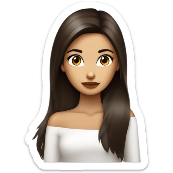 Chica morena de piel con pelo castaño oscuro listo y largo. Cara delgada, ojos rasgados y marrones oscuros y labios carnosos. Maquillada. Delgada . Top blanco.  sticker