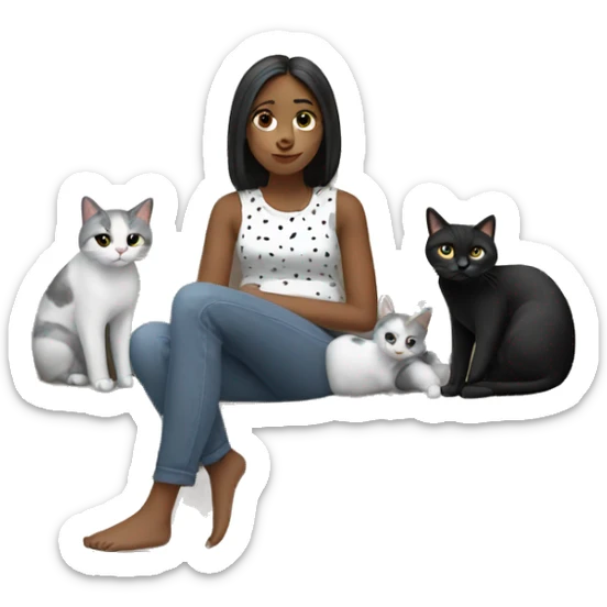 A girl chilling in the sofa with two cats one black and the other white with gray spots sticker