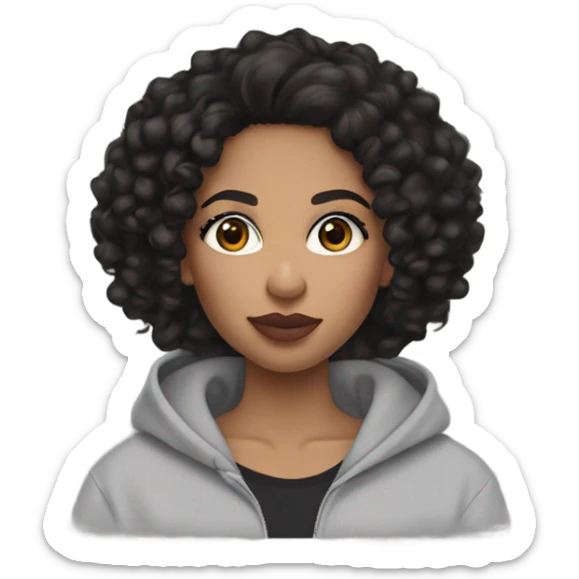 mixed girl with black curly hair (length is chest area) and wears makeup including concealer,mascara,blush, and dark brown eyes and has lips with brown lip liner combo and wearing a Nike hoodie black  sticker