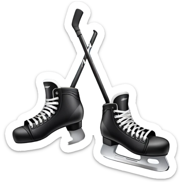 Please, make An icon featuring close-up shots of key hockey equipment: a hockey stick, puck, and skates. The background shows a packed stadium with cheering fans, bright arena lights, and an icy rink. Transparent background highlights the essentials of the game and the thrill of the sport. sticker