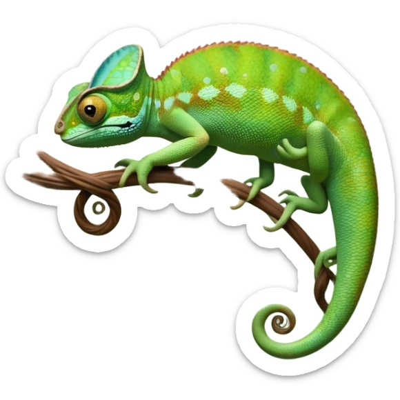 cinematic-chameleon-realistic-full-body-climbing-emoji,-slender-body-gripping-a-twisting-vine-with-prehensile-feet,-scaly-green-skin-shifting-shades-with-its-environment,-large-bulging-eyes-rotating-independently,-delicate-coiled-tail-curling-behind,-long-tongue-slightly-protruding-as-if-ready-to-strike,-simplified-yet-realistic-focused-features,-highly-detailed,-glowing-with-an-ethereal-forest-light sticker