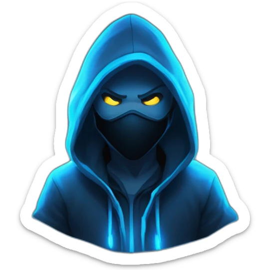 developer behind his laptop with the style of Riot Games Valorant neon blue eyes glowing bright blue character blue black hooded assassin themed character sticker