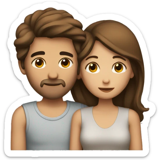 A couple that is kissing, both brown hair and with a heart in the middle sticker