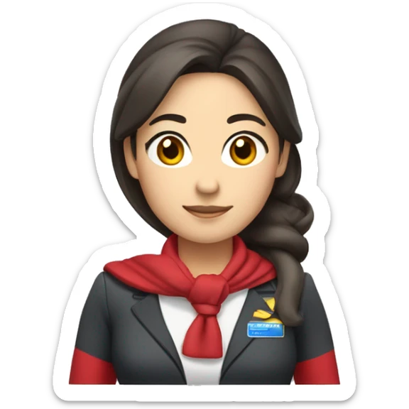 Asian Flight attendant, no hat, ponytail dark brown hair, wear scarf, red uniform sticker