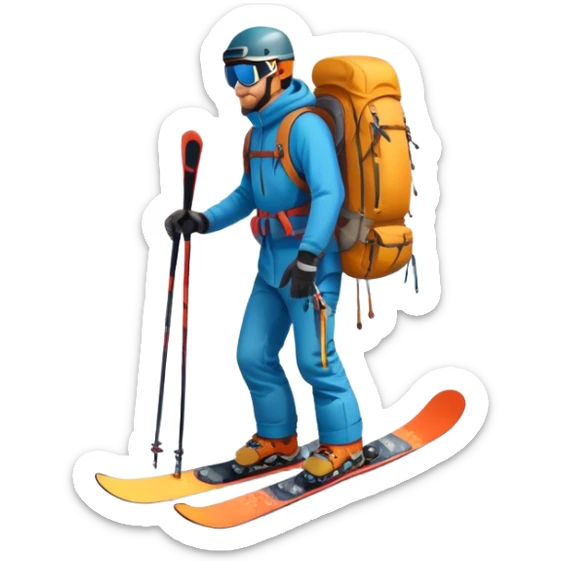 Icon for Mountain Tourism: a snow-covered peak in the distance, with skis, a snowboard, climbing gear, a backpack, and a camera. The icon should represent the adventure and exploration of mountain landscapes. Transparent background. sticker