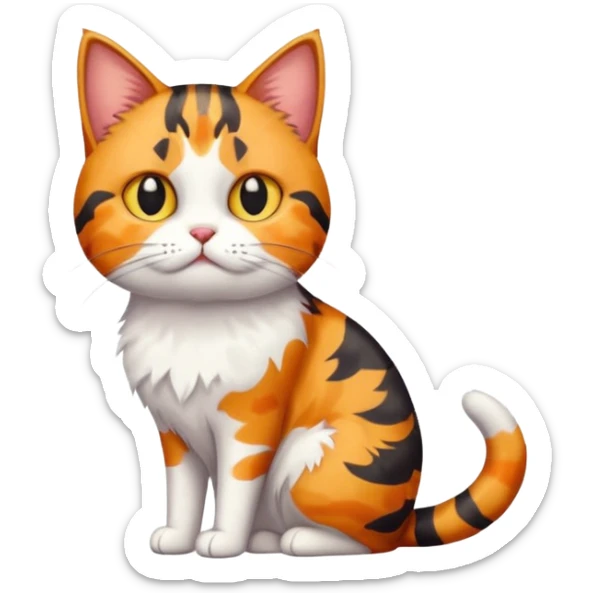 full body colourful calico tabby cat with skinny head and fat body with an anxious face sticker