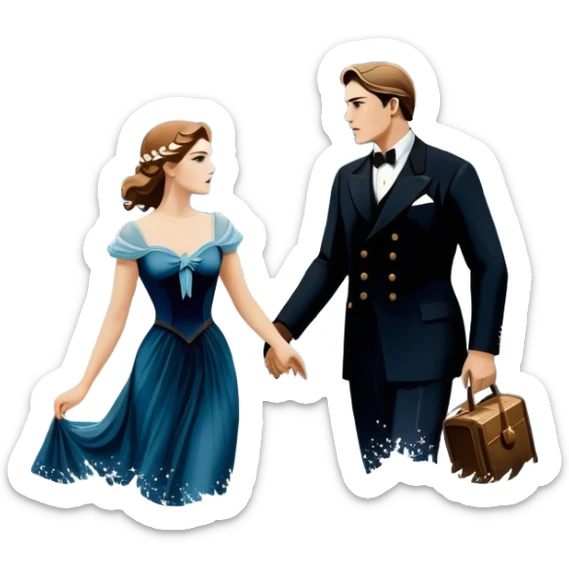 Icon for Titanic Movie: A vintage movie poster-style design featuring a dramatic scene of the ship, the iceberg, and a romantic silhouette of the main couple. Include elements like the ship’s bow, water splashes, and a starry sky in the background. Retro cinematic feel. Transparent background. sticker