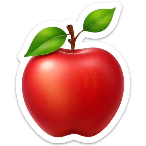 The image shows a bright red, glossy, and plump apple that looks fresh and delicious. A large bite has been taken out of the right side, revealing the juicy. At the top of the apple, the stem is still attached along with a fresh green leaf, adding a natural and lively touch. The pure white background makes the vibrant red color and the round shape of the apple stand out even more. sticker