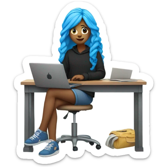 a girl with long blue hair in a black sweatshirt is sitting at a laptop sticker