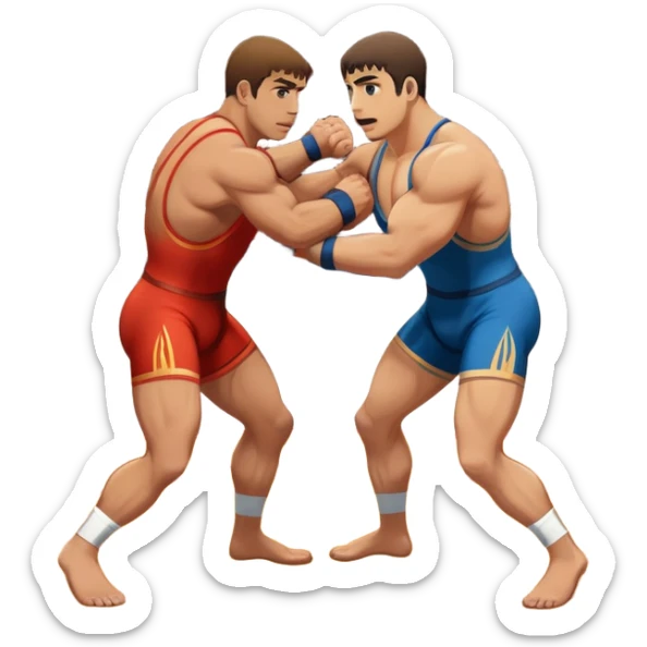 An icon showcasing two wrestlers engaged in a Greco-Roman wrestling match. The athletes are locked in a strong clinch, using their upper bodies to dominate. The background features a wrestling mat and traditional Greco-Roman elements. Transparent background. sticker