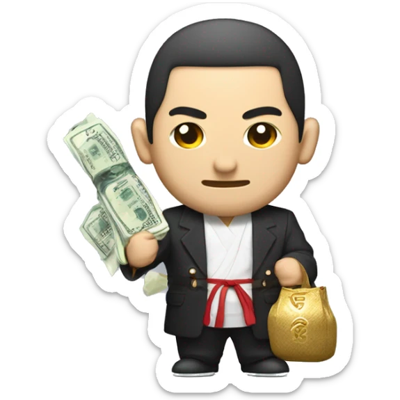 Japanese Yakuza with Samurai Sword but also holding in his hands a bag of fat stacks of money sticker