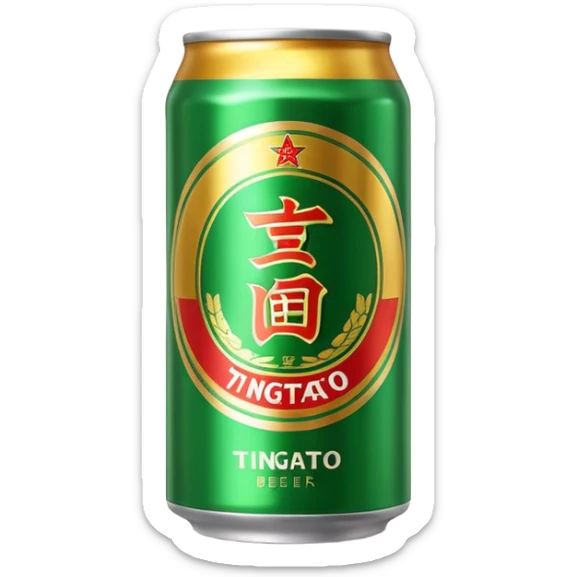Tsingtao beer can, iconic green and gold design, famous Chinese beer, emoji style sticker