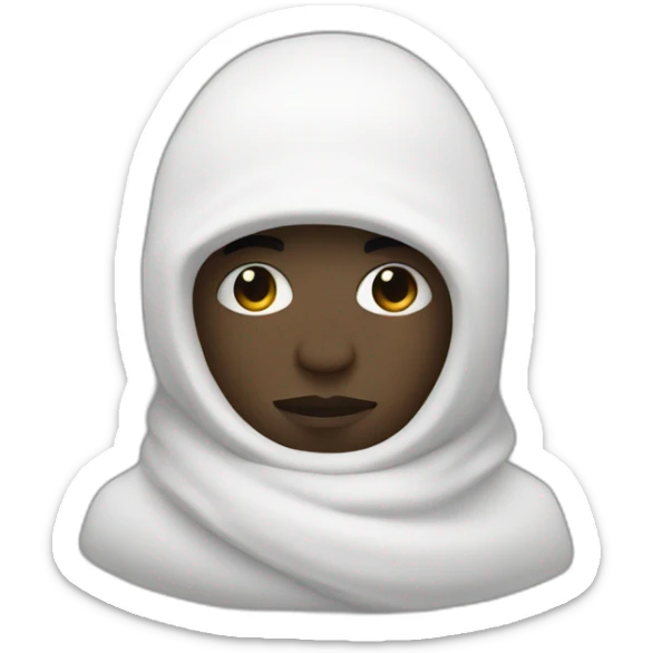 A black man wearing a white balclava hiding the whole face except the eyes adorned with short white wool threads sticker