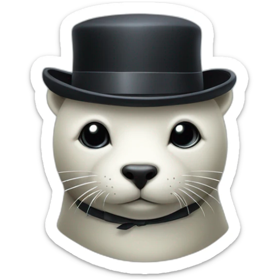White seal naked with closed eyes just wearing tie and small black hat and with briefcase sticker