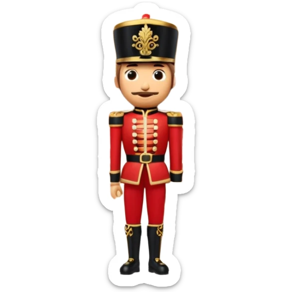 3D emoji of a majestic
Nutcracker soldier standing in front of a stylized Bolshoi Theatre facade. Snowy winter atmosphere, theatrical gold and red colors. High-quality 3D render, glossy plastic and wood textures, isolated on a white background. sticker