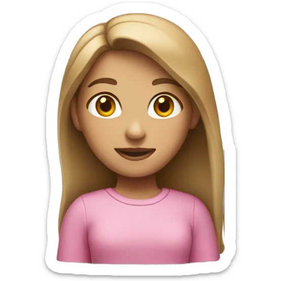 A girl with light brown hair and a pink shirt standing behind a macbook sticker