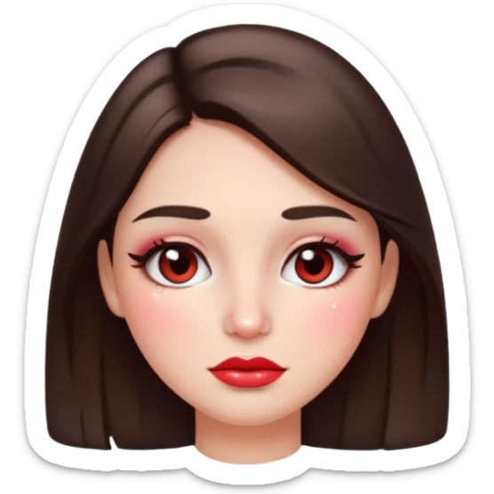 “Emoji brunette girl, dewy skin, heavy blush across cheeks and nose bridge, glossy cherry lips, soft eyeliner, teary sparkling eyes sticker