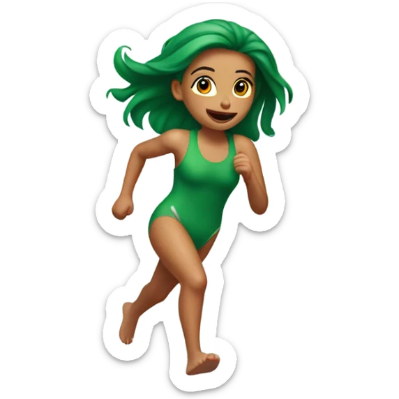 Running out of house, in bathing suit  with red green hair girl sticker