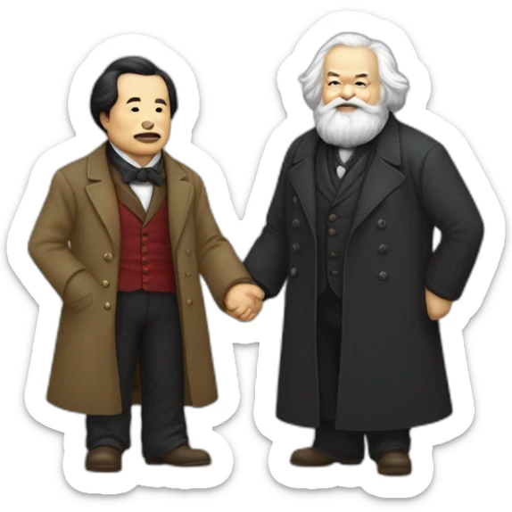 Li Hongzhi and Karl Marx, two human mentors, arm in arm，team up，rub shoulders, hooking up sticker