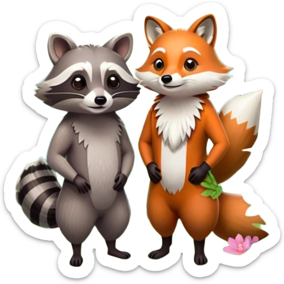 Collage of a raccoon and a fox, in close-up, set in a beautiful forest with tall trees, green bushes, and sunlight filtering through the leaves and flowers. A vibrant, wild atmosphere with a transparent background. sticker