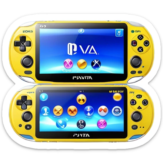 Clash of Clans aesthetic: Cinematic Playful PlayStation Vita Portrait Emoji, rendered in a 3D vector-style similar to standard emojis with minimal shading and bold, simplified shapes. A compact, distinct form with signature details, softly glowing with a cutting-edge console technology charm. Simplified yet unmistakably iconic, highly detailed and consistent, glowing with a soft radiance and high shine. Stylized with a touch of technological advancement and a soft glowing outline, capturing the essence of a beloved gaming relic with a friendly, playful manner! sticker