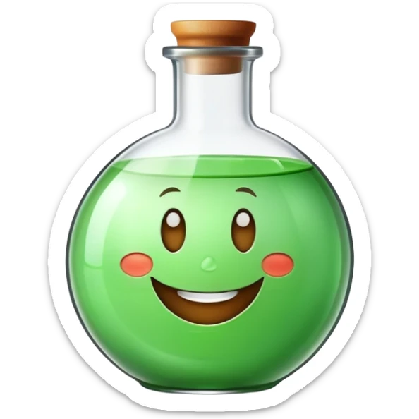 Draw me an emoji- a chemical green flask with a smiling face on a white background like a drawing. sticker