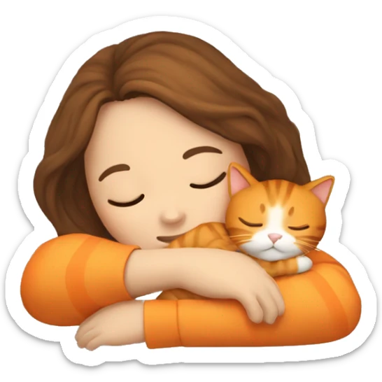 Girl with Brown hair sleeps with orange cat sticker