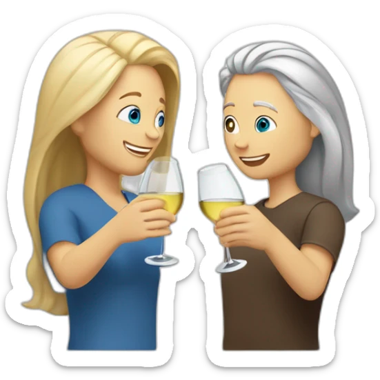 A white woman with blue eyes and blond medium long hair and a white man with brown eyes and grey hair, they toast to each other with a glass of white wine. sticker