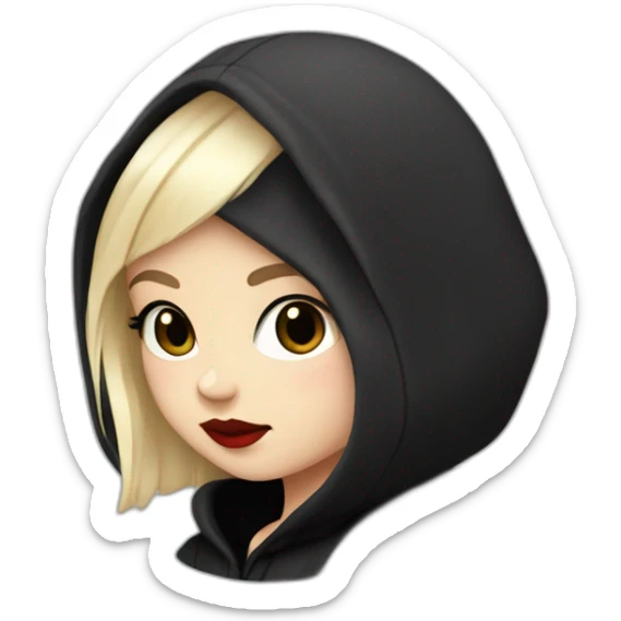 Tiny White girl lightly tanned with very short black coloured haircut black eyes and black hair wearing black messa hoodie like alyx Vance and red lipstick  sticker