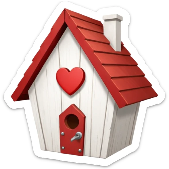 a birdhouse with a normal circular hole and a red roof with the rest white and a heart at the top but below the roof sticker
