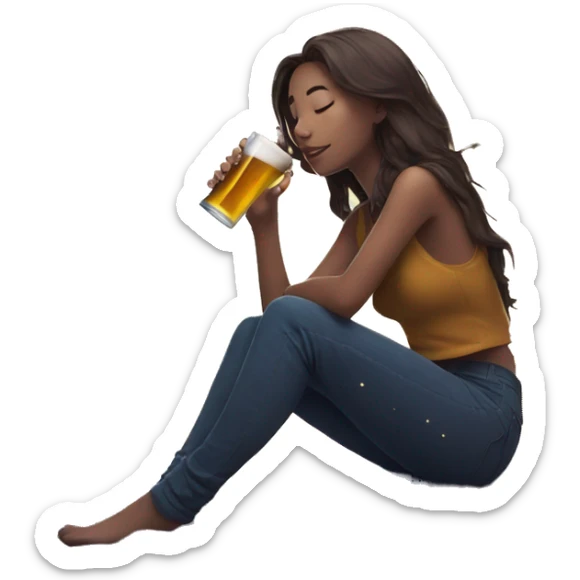 Girl sat on a nebula galaxy drinking beer surrounded by golden stars and planets sticker