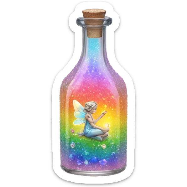 Antique oil bottle made of crystal glass of all delicate colors of the light rainbow, a living flower fairy sits at the bottom of the bottle sticker