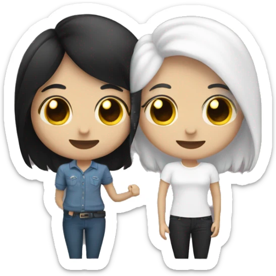 A lesbian couple with white skin and long black hair flirting sticker