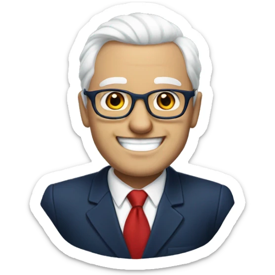 A heavy man, white hair, with glasses, no beard, smiling with teeth, and wearing a navy blue suit and red tie sticker