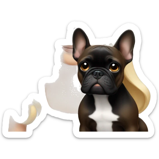 Blonde girl with blue eyes holding brown and black French bulldog sticker