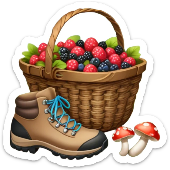 Icon for Mushroom and Berry Tourism: a basket filled with mushrooms and berries, surrounded by forest elements like trees, leaves, and a hiking boot. The icon should capture the joy of foraging in nature. Transparent background. sticker