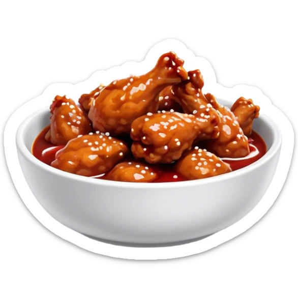 Korean Fried Chicken Cinematic Realistic Korean Fried Chicken Dish Emoji, depicted as bite-sized chicken pieces generously coated in a glossy, spicy sauce, in a bowl. sticker