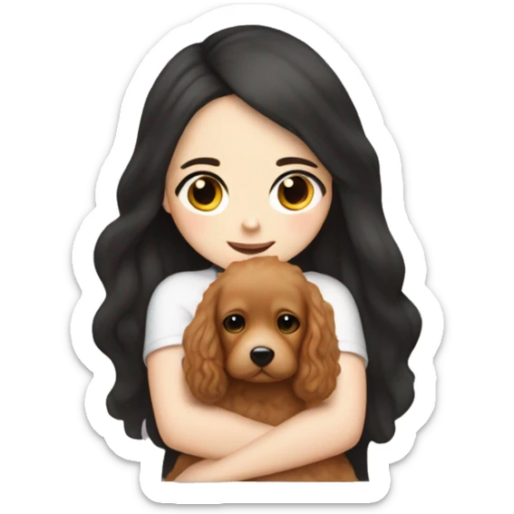White skinned girl with long black hair cuddling with an apricot coloured cockapoo sticker