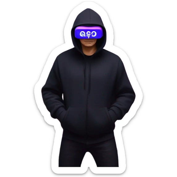 Vladimir Putin wearing a black hoodie with "OMG" letters on it and VR headset oculus quest 2 in a cyberpunk VR environment with violet neon lighting. sticker
