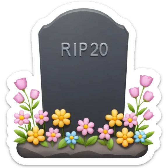 Cute emoji illustration of a tombstone with text "RIP 20’s", small flowers, ironic and playful mood, pastel colors, minimal flat emoji style, clean background, high resolution, suitable for WhatsApp profile and print sticker