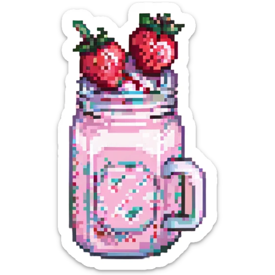 pixel art strawberry milkshake with pink hue and cherry on top, glass mug, extra cherries, pastel background sticker