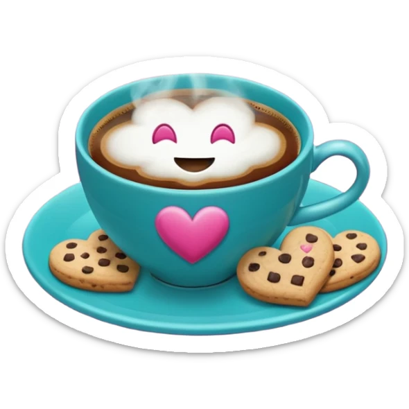cup of coffee, steaming, the smoke should come out in the shape of a heart, the color of the cup is fuchsia, the cup has a happy face printed on it, the cup rests on a turquoise blue plate, and there are cookies and sugar cubes around the cup. sticker