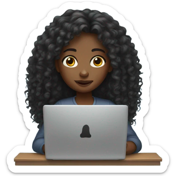 Black girl with long curly hair trying to work on laptop  sticker