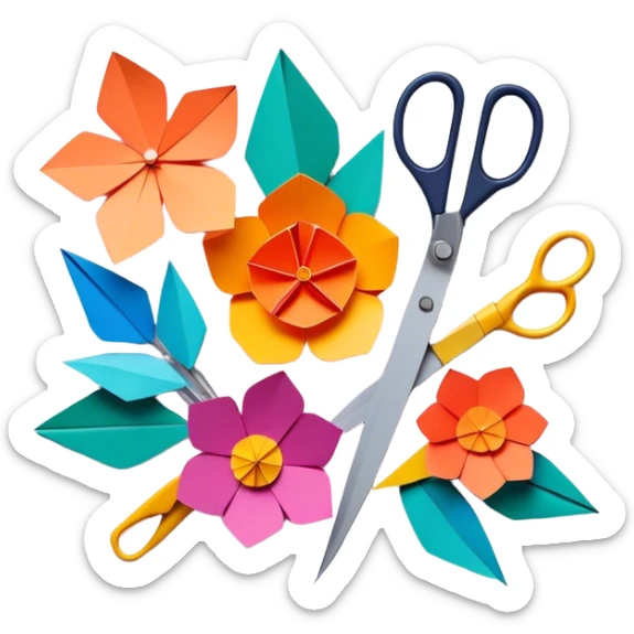 Paper crafting icon, colorful paper sheets, origami figures, 3D paper flowers, scissors and craft knife, minimalistic style, clean lines, transparent background. sticker