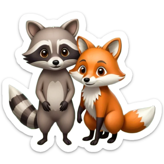 Collage of a raccoon and a fox, in close-up, set in a beautiful forest with tall trees, green bushes, and sunlight filtering through the leaves and flowers. A vibrant, wild atmosphere with a transparent background. sticker