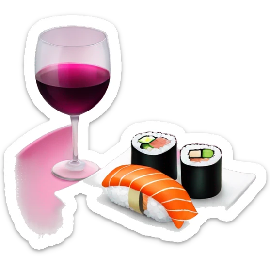 two glasses of wine with a plate of sushi with a pink bow  sticker